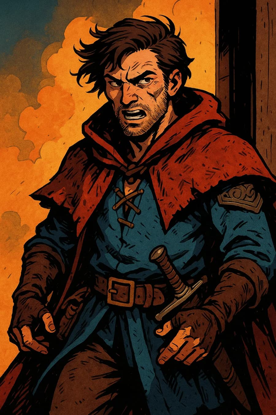 Crimson-cloaked adventurer portrait